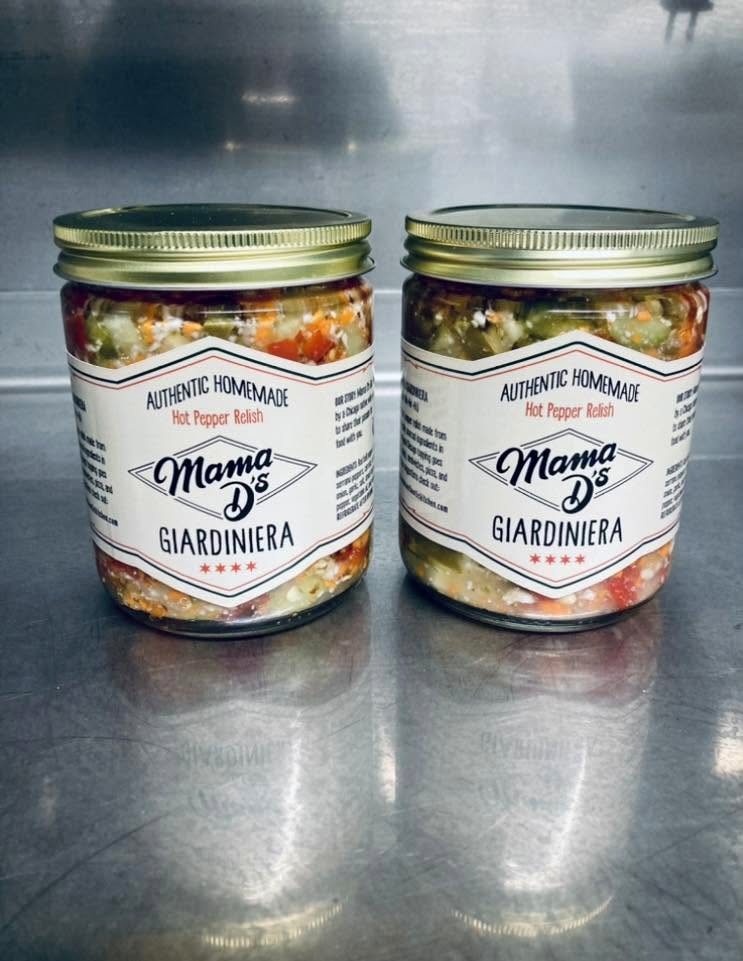 Two jars of Mama D's Giardiniera hot pepper relish