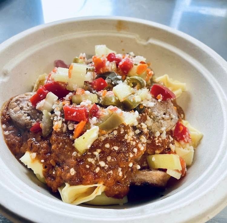 Rigatoni with sausage topped with giardiniera